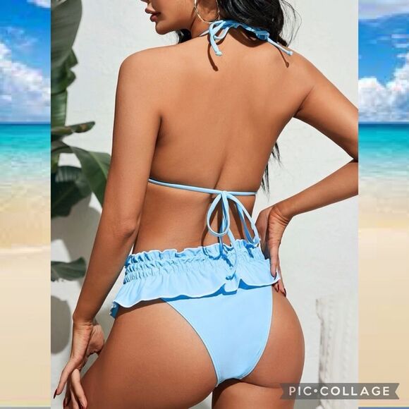 Baby Blue Ditsy Triangle High Waisted Ruffle Trim Bikini Size Medium - Picture 3 of 9